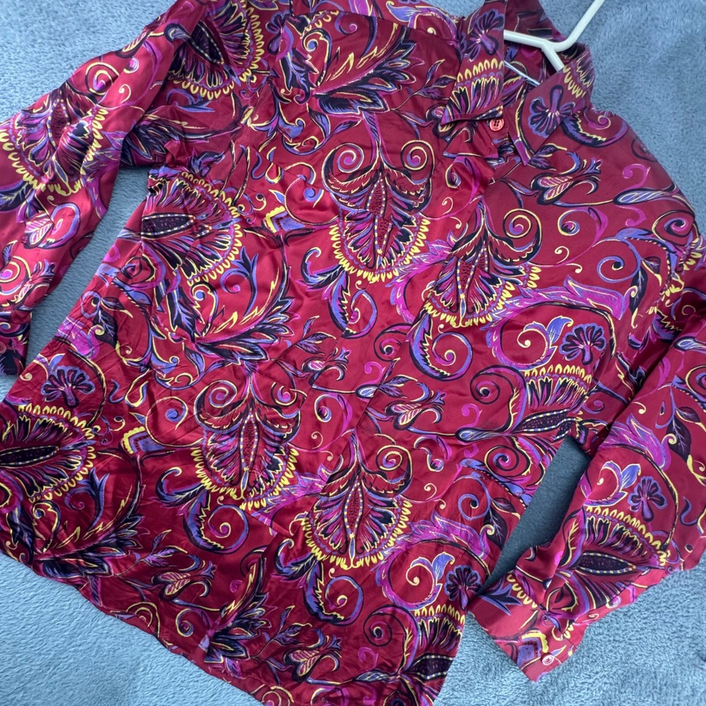Vintage 100% Silk Blouse Women 12 Red Paisley Button Down Long Sleeve Excellent